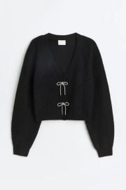 Rhinestone-bow Rib-knit Cardigan - Black - Ladies HampM US at H&M